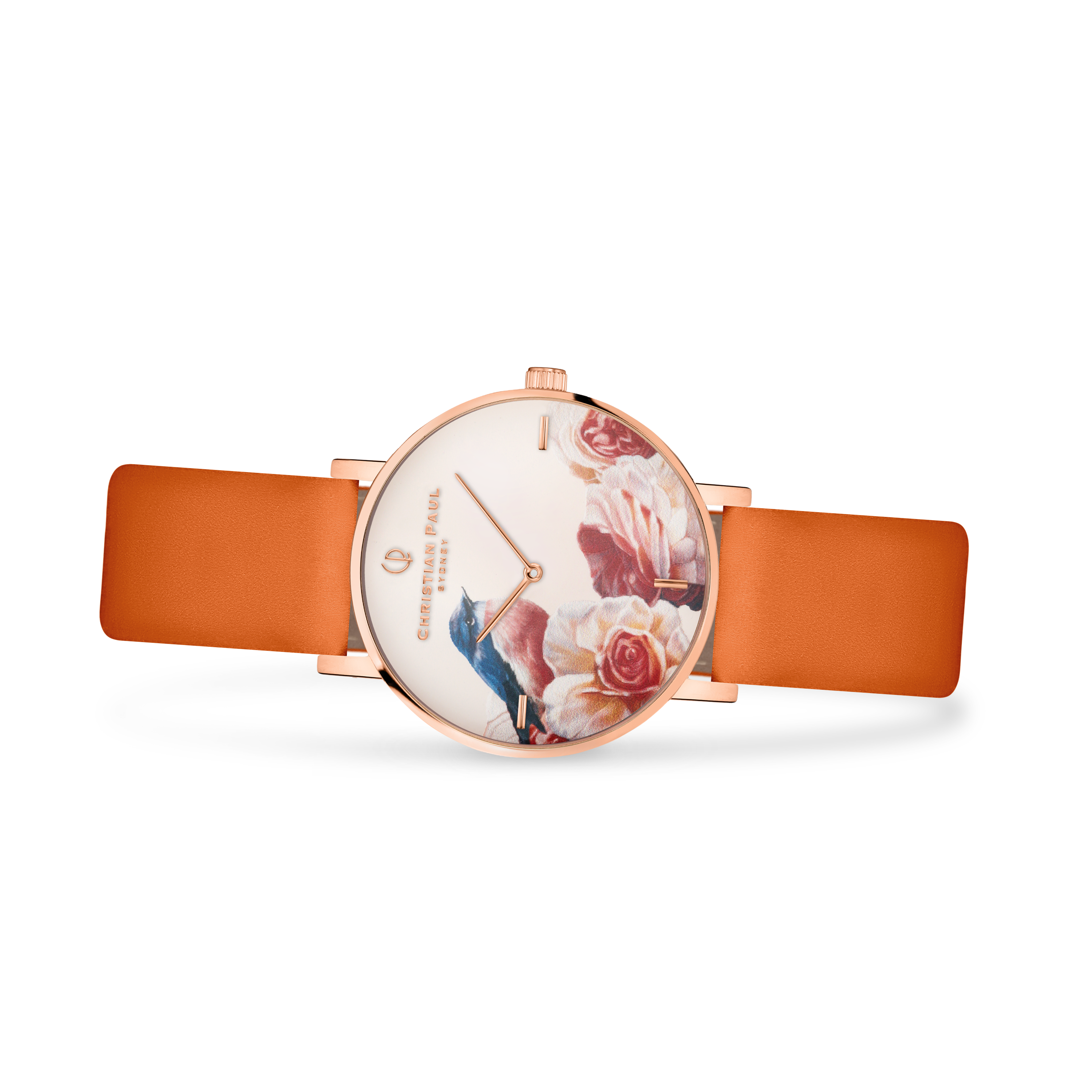 floral tangerine and rose gold watch
