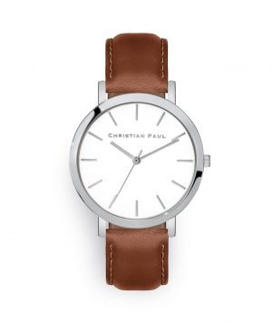 Luxury silver and brown leather watch